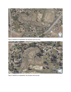 Skråfotoer (satellittbilder) av en ny hoppbakke og den omkringliggende situasjonen sett fra ulike vinkler.