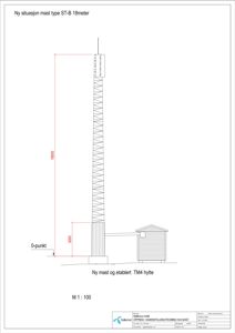 Oppriss (fasadetekning) av en ny situasjon for et mastanlegg (type ST-B) og en TM4-hytte, med angitte høyder og skala.