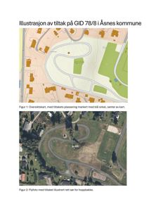 Bildet viser en oversiktsplan (Figur 1) og et flyfoto (Figur 2) som illustrerer plassering av et tiltak i forhold til omgivelsene.