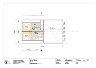 Etasjeplan for 2. etasje i hytteprosjektet 'Hytte Berge', som viser romfordeling, mål og trapp.