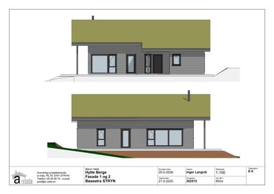 Fasadetegning som viser bygningens utsyn fra to ulike vinkler (Fasade 1 og 2).