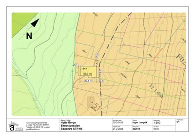 Situasjonsplan som viser tomtens beliggenhet, høydemålerlinjer, nabogranser og bygningsplassering (BYA).