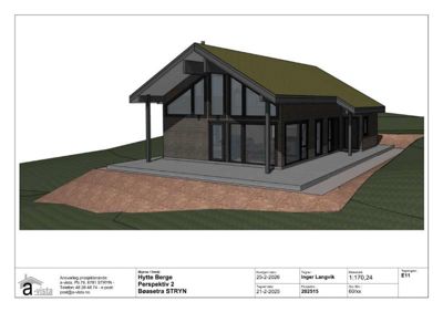 3D-visualisering (perspektiv) av en hytte sett fra en vinkel, med omgivende terreng.