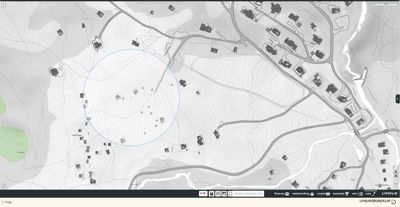 Kart fra Artsdatabanken som viser et område med topografi, veier og flere bygninger (hus) spredt over terrenget.