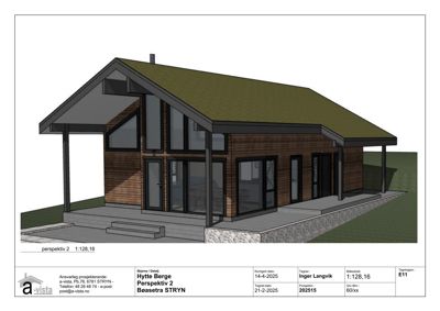 3D-visualisering (perspektiv) av en hytte med utsikt på fasade og tak.