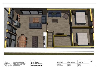 Perspektivtegning (hems) av hytte med innredning og møbler.