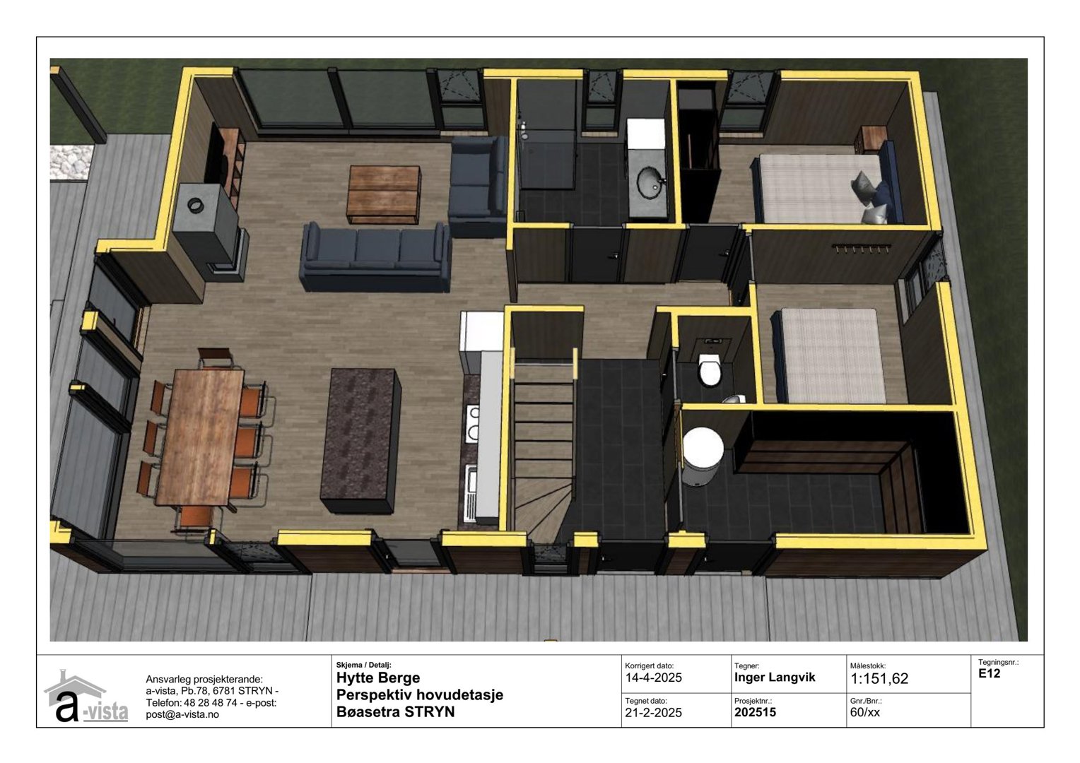 3D-visualisering (perspektiv) av hyttenes hovedetasje med innredning og møbler.