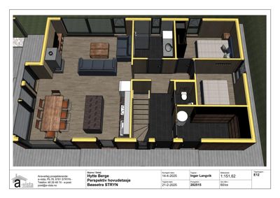 3D-visualisering (perspektiv) av hyttenes hovedetasje med innredning og møbler.