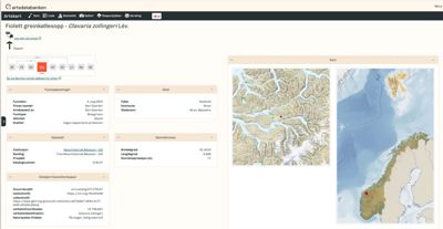 Kartvisning av en lokalitet (Fiolet greinkålssopp) med kartlag for Vestland fylke og Norge.