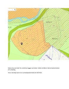 Kart over et område med utnyttelsesområder (felt F025, H570.01) og vannveier, med en markør som peker på en spesifikk tomt.
