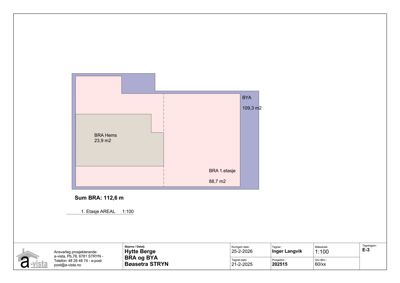 Etasjeplan (1. etasje) som viser romfordeling og arealoppdeling for BRA (Boligromsareal) og BYA (Bruksareal).