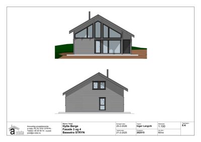 Fasadetegning som viser front- og sideansikt av en hytte (Fasade 3 og 4).