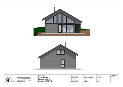 Fasadetegning som viser bygningens utseende fra to ulike vinkler (Fasade 3 og 4).