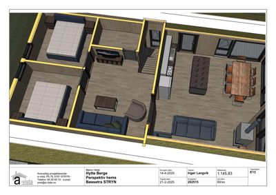 3D-perspektivtegning (rendering) av etasjen for hytten 'Hytte Berge', som viser romfordeling, møblering og innredning.