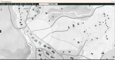 Et digitalt kart (Artsdatabanken) som viser et landskap med topografi, veier og bebyggelse.