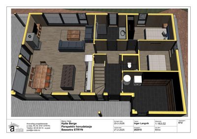 3D-visualisering (perspektiv) av hovedetasjen i en hytte, med visuell fremstilling av møbler, gulv og innredning.