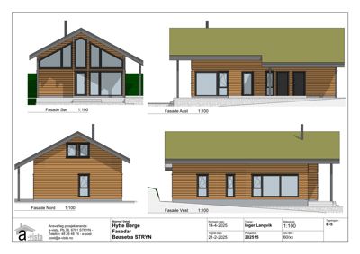 Fasadetegning som viser bygningens utseende fra fire sider: Sør, Aust, Nord og Vest.