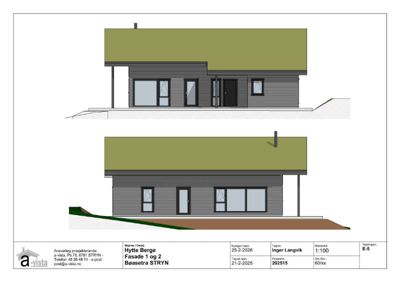 Fasadetegning som viser bygningens utsyn fra to ulike vinkler (for- og sidefasade).