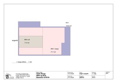 Etasjeplan (1. etasje) som viser arealoppdelingen mellom BRA Loft, BRA 1.etasje og BYA.
