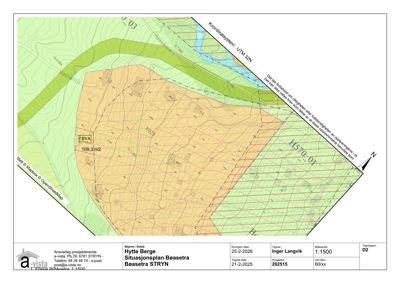 Situasjonsplan for tomt i Bøasetra, Stryn, med topografi, bebyggelse og arealoppdeling.