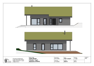 Fasadetegning som viser bygningens utsyn fra to ulike vinkler (for- og sidefasade).