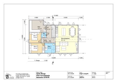 Plantegning av 1. etasje for hytteprosjektet 'Hytte Berge' i Bøsetra, Stryn. Tegningen viser romfordeling, dimensjoner og areal for hver romtype.