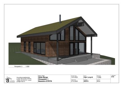 3D-visualisering (perspektivtegning) av en hytte med tregulv og fasade, inkludert omgivelser.