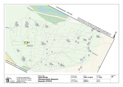 Situasjonsplan for Bøasetra i Stryn som viser eiendomsinndeling, eksisterende bygninger, veier og vannløp.