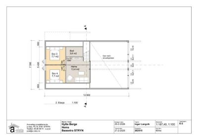 Etasjeplan for 2. etasje i hytteprosjektet 'Hytte Berge', som viser romfordeling, mål og trapp.