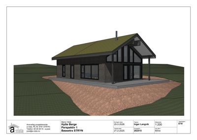 3D-visualisering (perspektiv) av en hytte i etasjeplan med omgivende terreng.