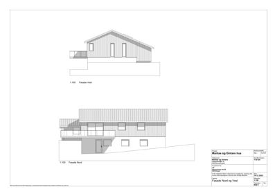 Fasadetegning som viser bygningens utseende sett fra nord og vest.