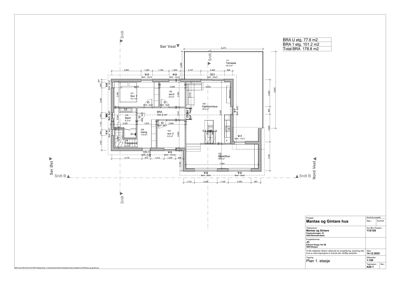 Etasjeplan (Plan 1. etasje) som viser romfordeling, mål og arealoppdeling for et hus.