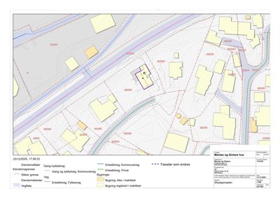 Situasjonsplan som viser eiendomsgranser, bygninger, vegnett og topografi for prosjektet 'Mantas og Gintare hus'.