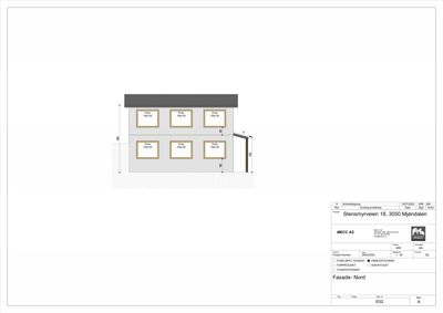 Fasadetegning av en bygning sett fra nord, som viser vindeløsning og mål.