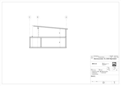 Snittegning (Snitt A) som viser tverrsnittet av en bygning med høydeangivelser og referanser til andre snitt.