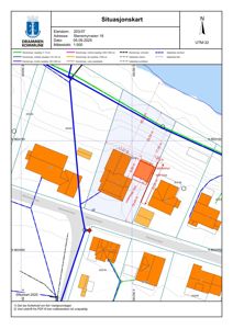 Situasjonskart som viser eiendomsforhold, bygninger, vegnett og topografi for Stensmyrveien 18 i Drammen.