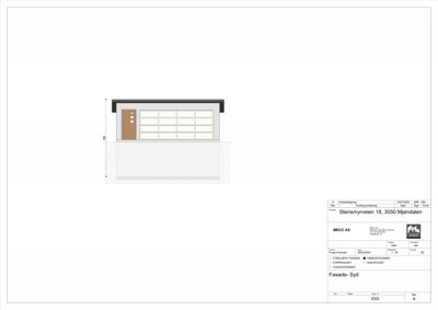 Fasadetegning av en bygning sett fra syd, med oppgitt mål og detaljer.