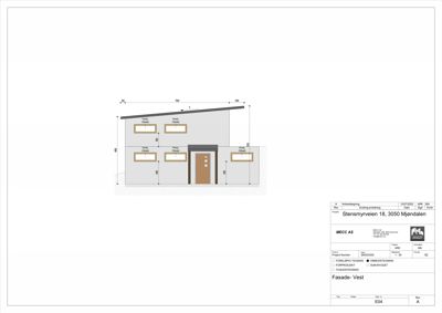 Fasadetegning av en bygning sett fra vest, med mål og vindusoppsett