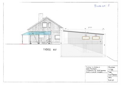 Fasadetegning av en bygning sett fra øst, med mål og detaljer.