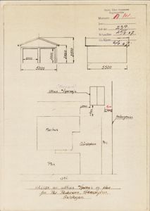 Situasjonsplan som viser plassering av et uthus/garasje i forhold til nabohus, murhus og gardsplass.