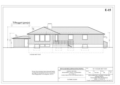 Fasadetegning av en bygning sett fra vest, med mål og detaljer om tilbygget.