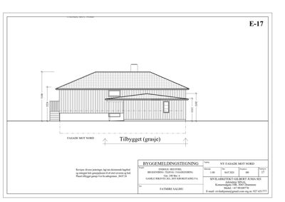 Fasadetegning av en tilbygning sett fra nord, med høydeangivelser og beskrivelse av endringer.