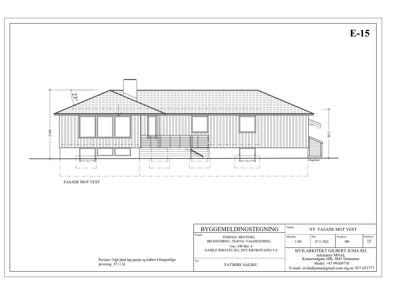 Fasadetegning av en bygning sett fra vest med mål og detaljer.