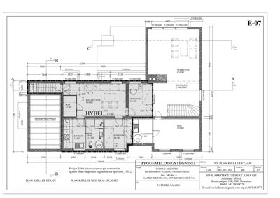 Etasjeplan for kjelleretasje med romfordeling, mål og bygningsnummer E-07
