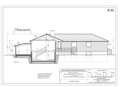 Snittegning (SNITT C-C) av en bolig med tilbygg, som viser romfordeling og høyder.