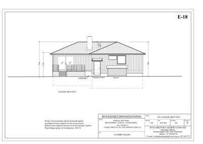 Fasadetegning av en bygning sett fra sør, med mål og notasjoner.
