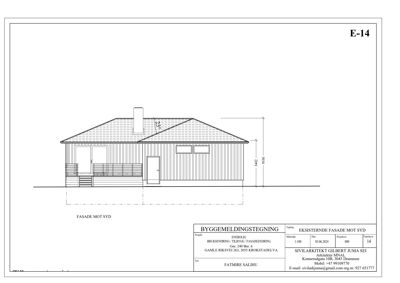 Fasadetegning av en eksisterende bygning sett fra syd.