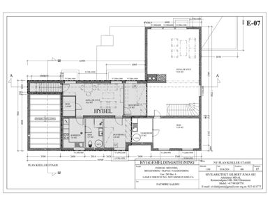 Etasjeplan for kjelleretasje (HYBEL) med romfordeling, mål og tekniske detaljer.