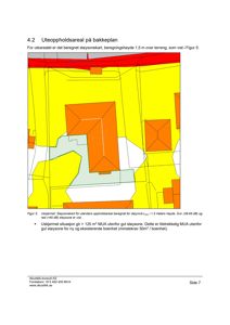 Støysonekart som viser beregnet støy for utendørs oppholdsareal, med fargekoderte soner (gul, gul-grønn, rød) og bygningssilhuetter.