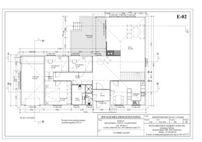 Etasjeplan (PLAN 1 ETASJE) som viser romfordeling, mål og funksjoner i en bolig.